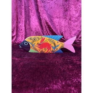 Vintage Home Decor Mexican Folk Art Hand Carved Painted Fish Rabbit Design - 17"